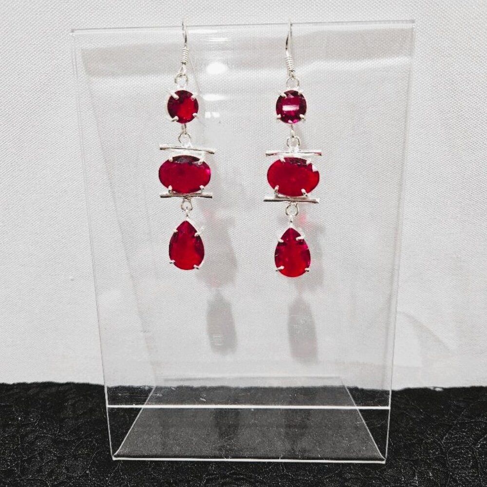 RUBY RED FACETED 3 STONE SILVER DANGLE EARRINGS  (NWOT)
